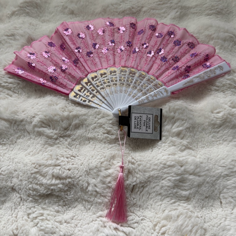Elegant Pink Sequin Hand Fan with Tassel • Sparkly Party Glam